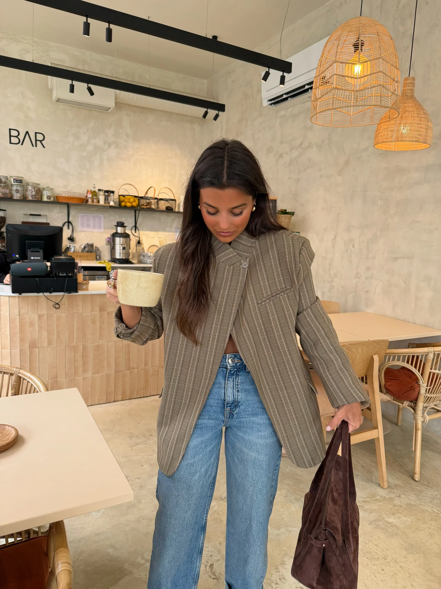 Asymmetrical Blazer in Taupe Plaid - Image 6