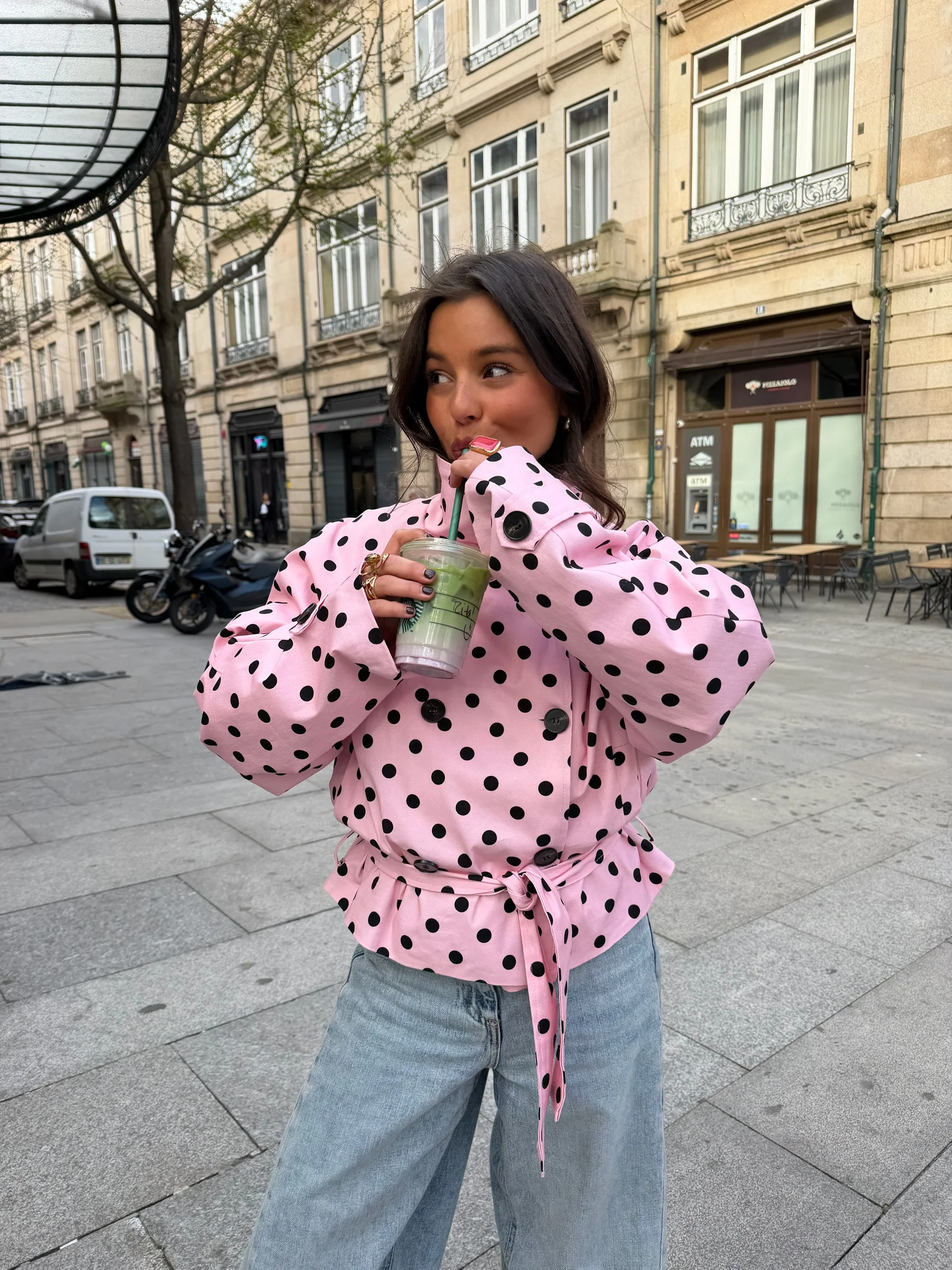 Cropped High Neck Polka Dot Trench Coat in Pink - Image 4