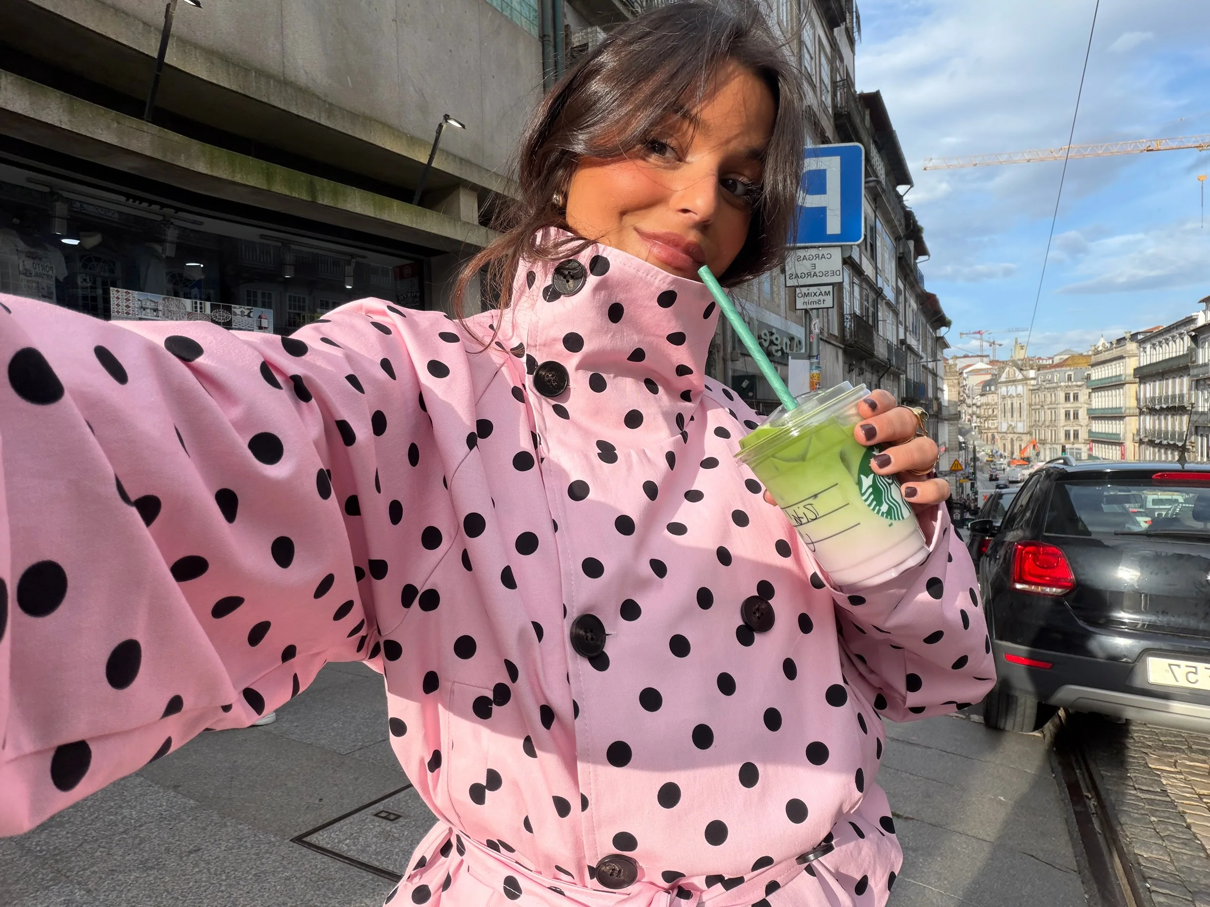 Cropped High Neck Polka Dot Trench Coat in Pink - Image 5