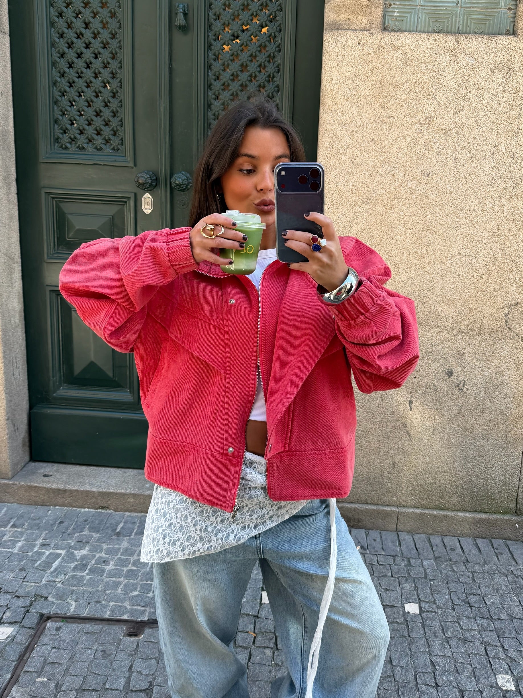 Washed High Neck Jacket in Coral - Image 4