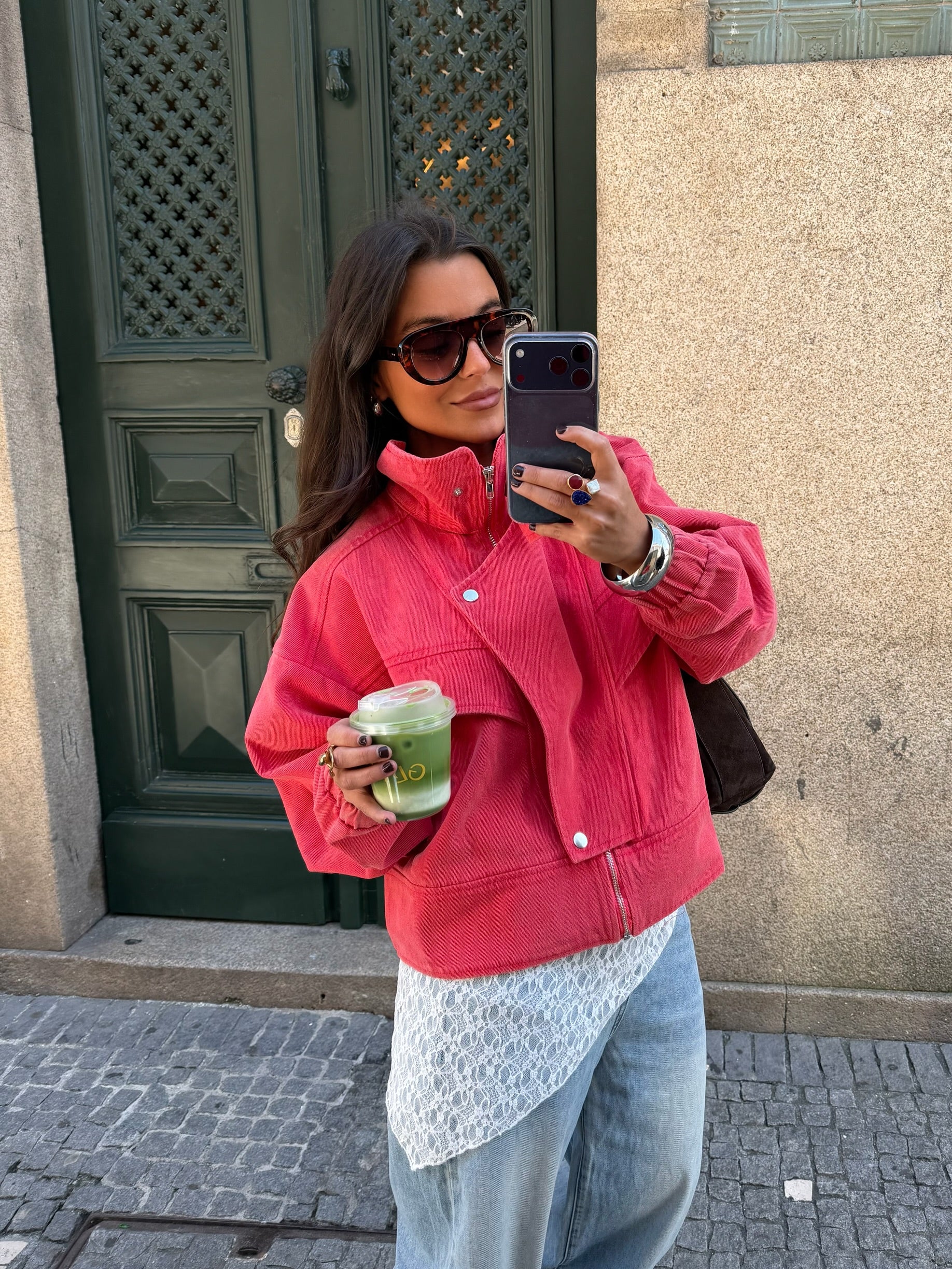 Washed High Neck Jacket in Coral - Image 5