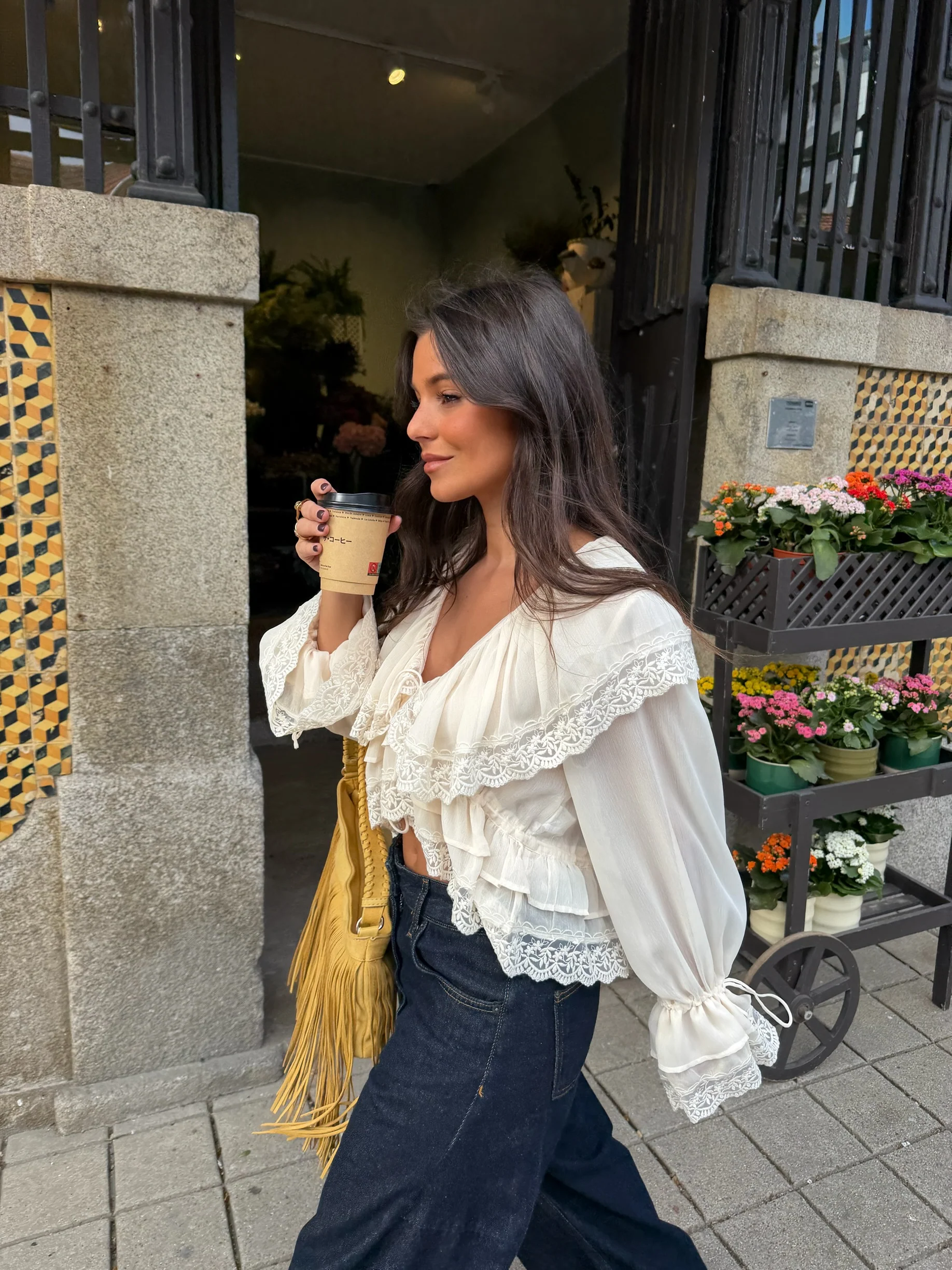 Lace Detail Ruffle Blouse in Cream - Image 3