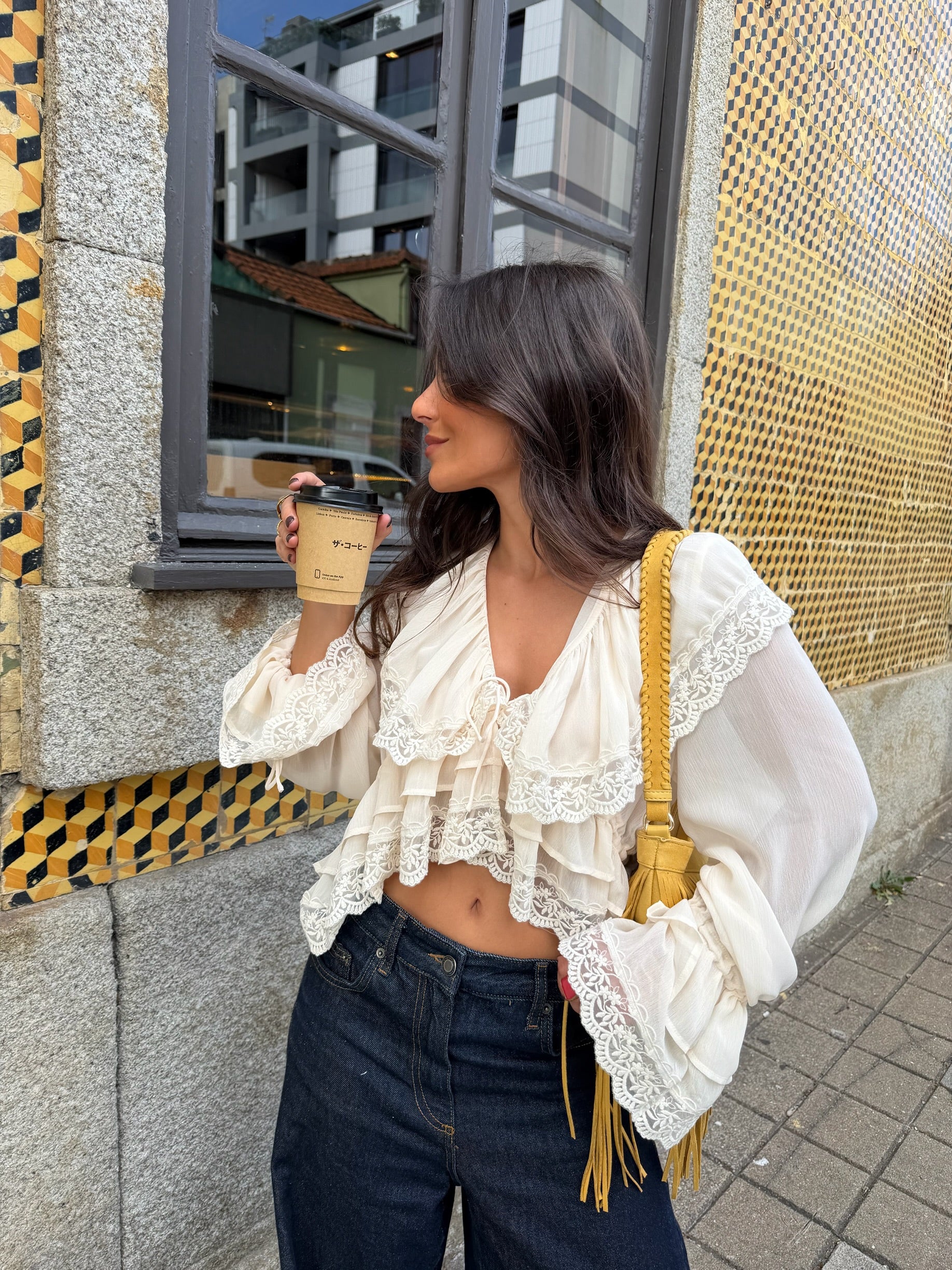Lace Detail Ruffle Blouse in Cream - Image 4