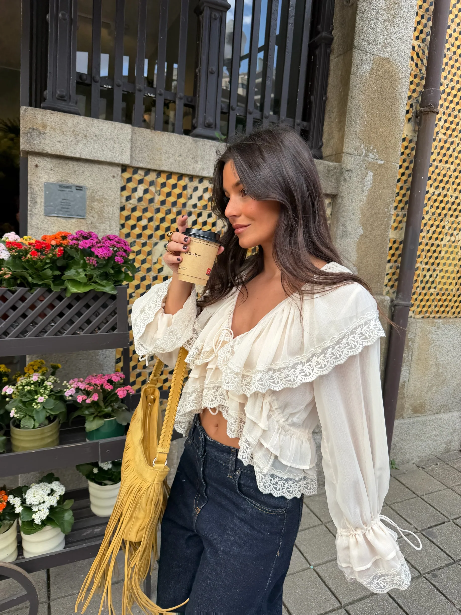 Lace Detail Ruffle Blouse in Cream - Image 6