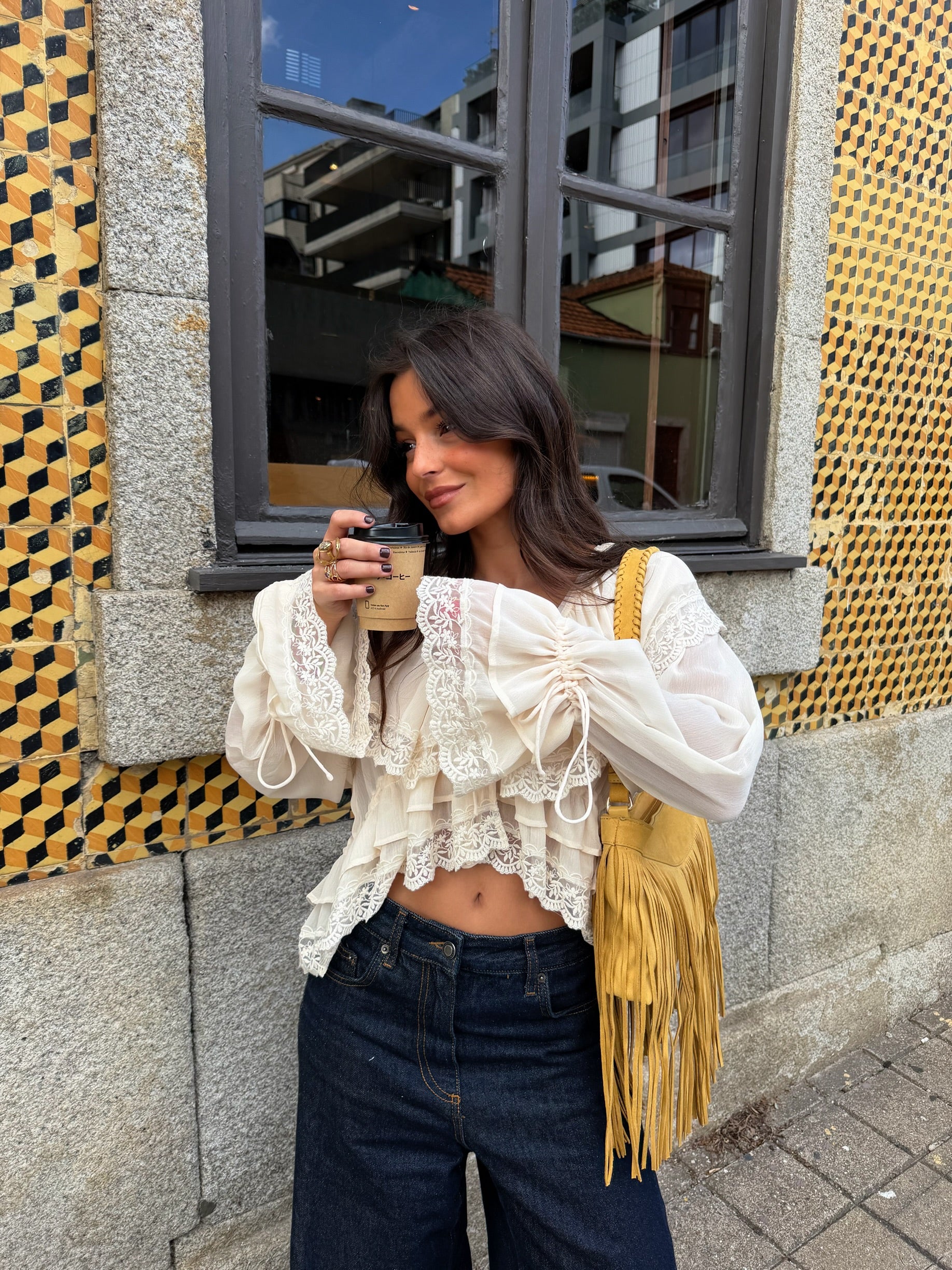 Lace Detail Ruffle Blouse in Cream - Image 7