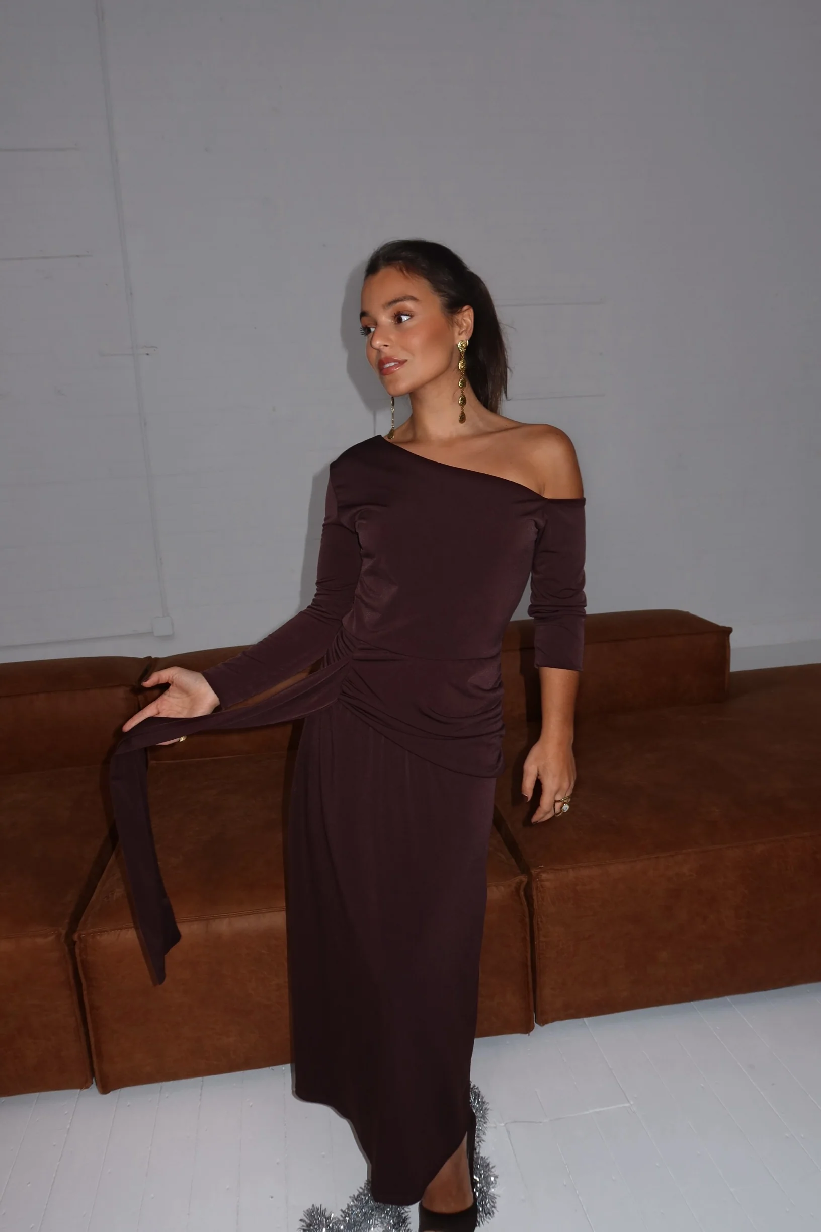 Maya Long Midi Dress in Chocolate Brown - Image 3