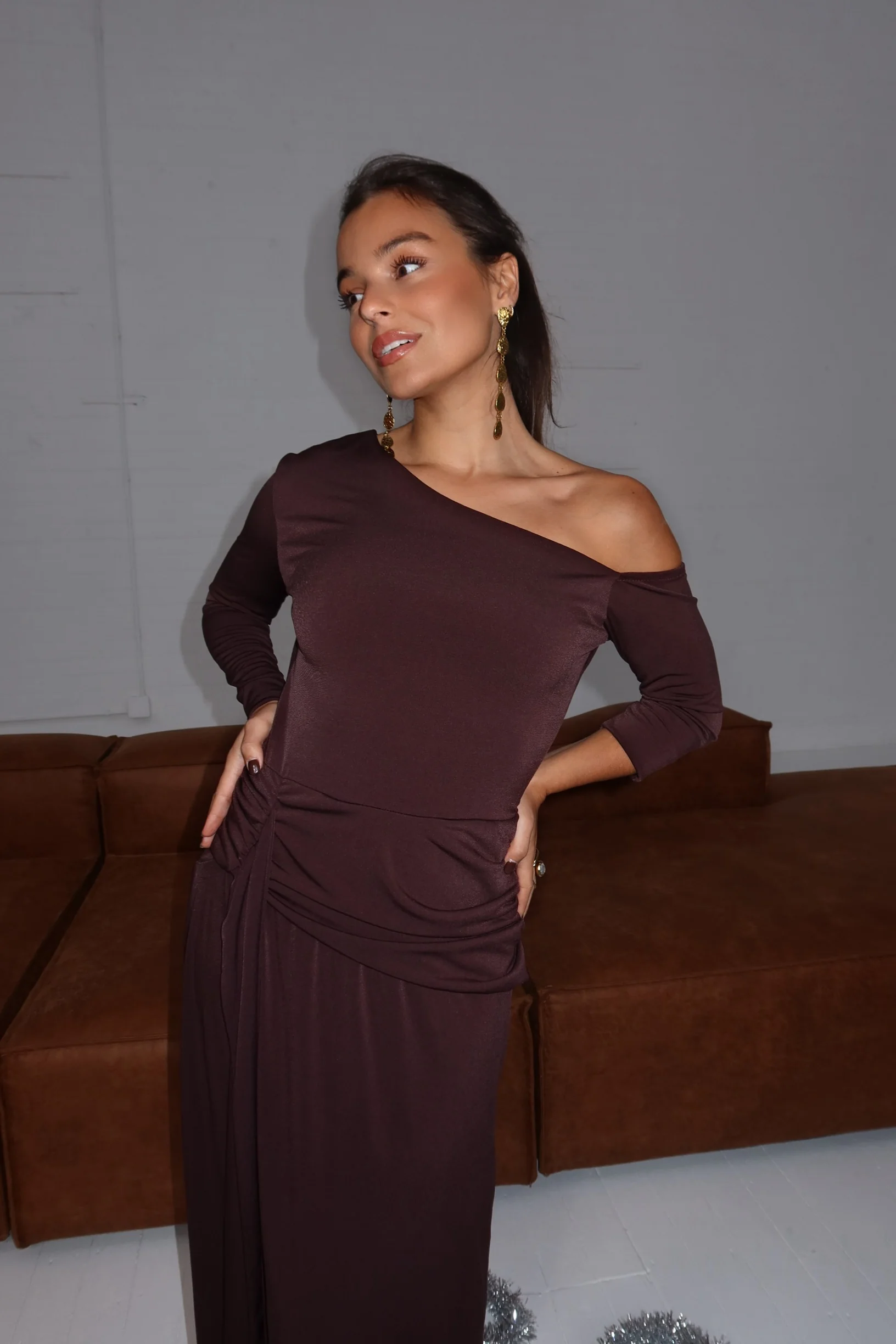 Maya Long Midi Dress in Chocolate Brown - Image 4