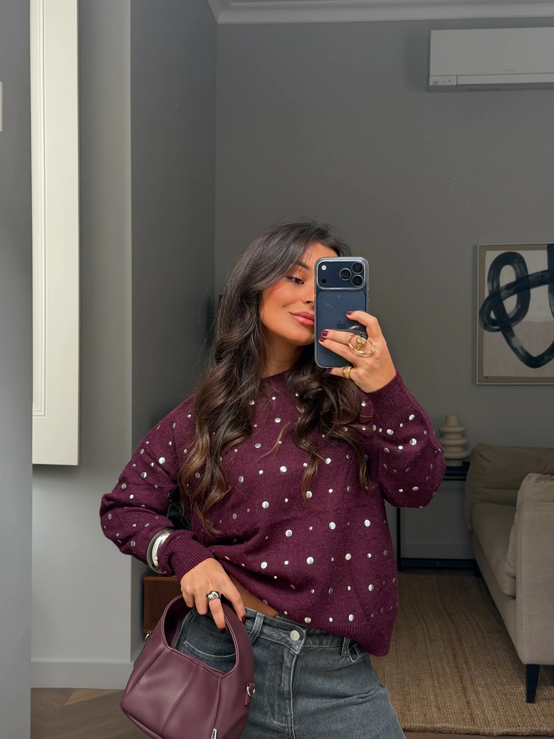 Sabrina Studded Sweater in Burgundy - Image 3