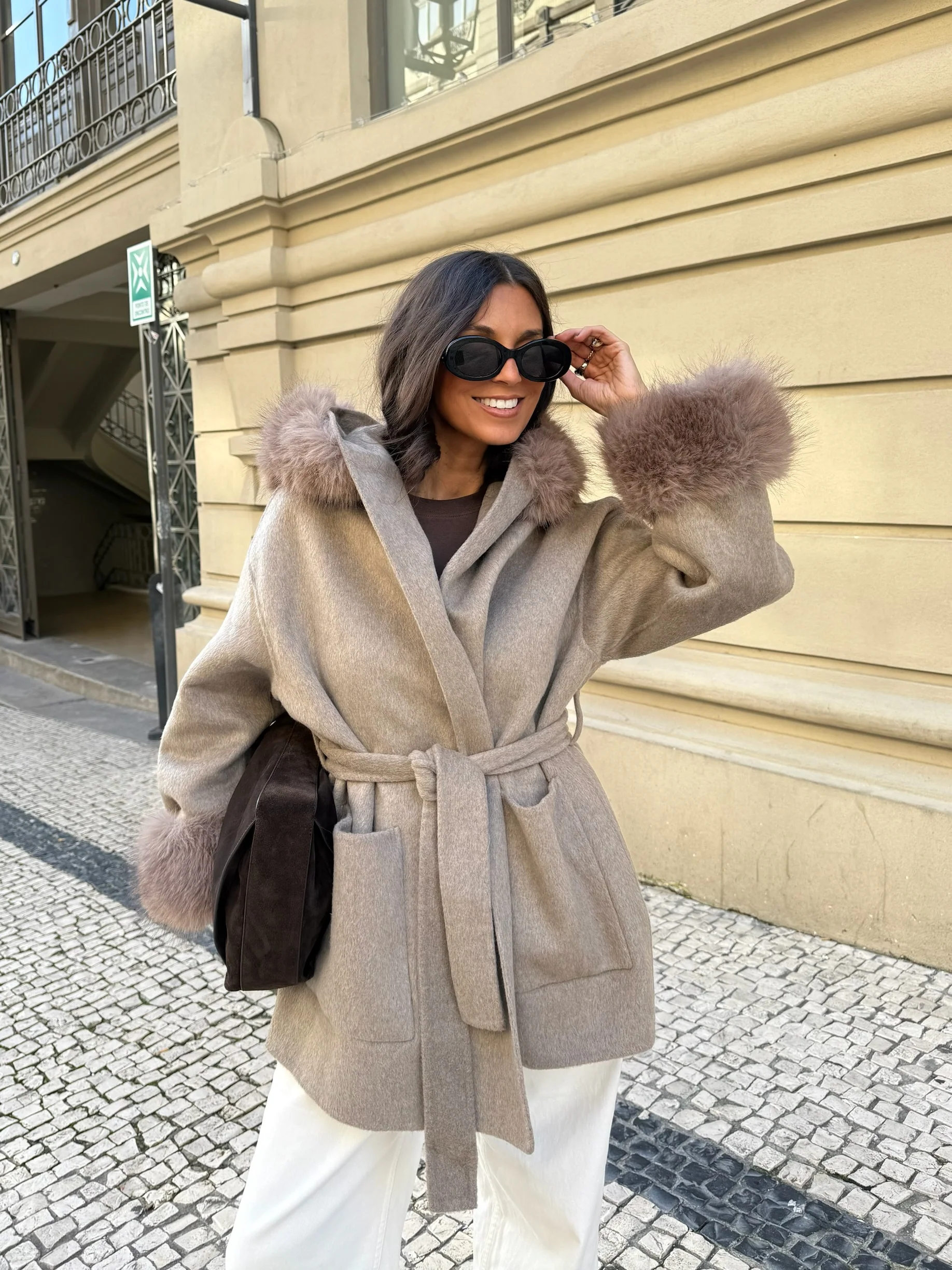 Wool Jacket With Faux Fur in Taupe - Image 3
