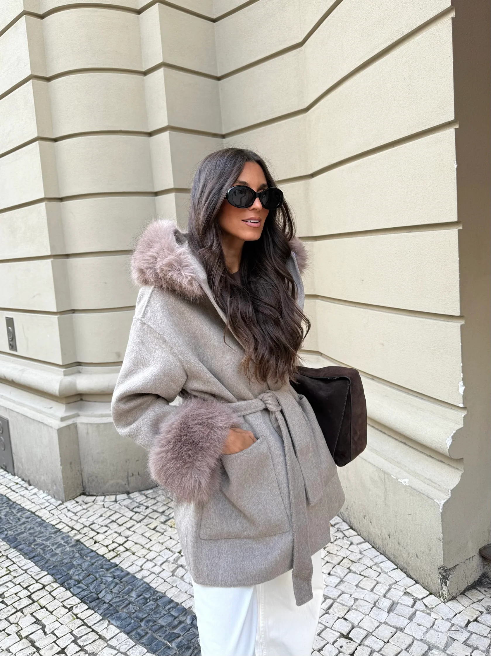 Wool Jacket With Faux Fur in Taupe - Image 4