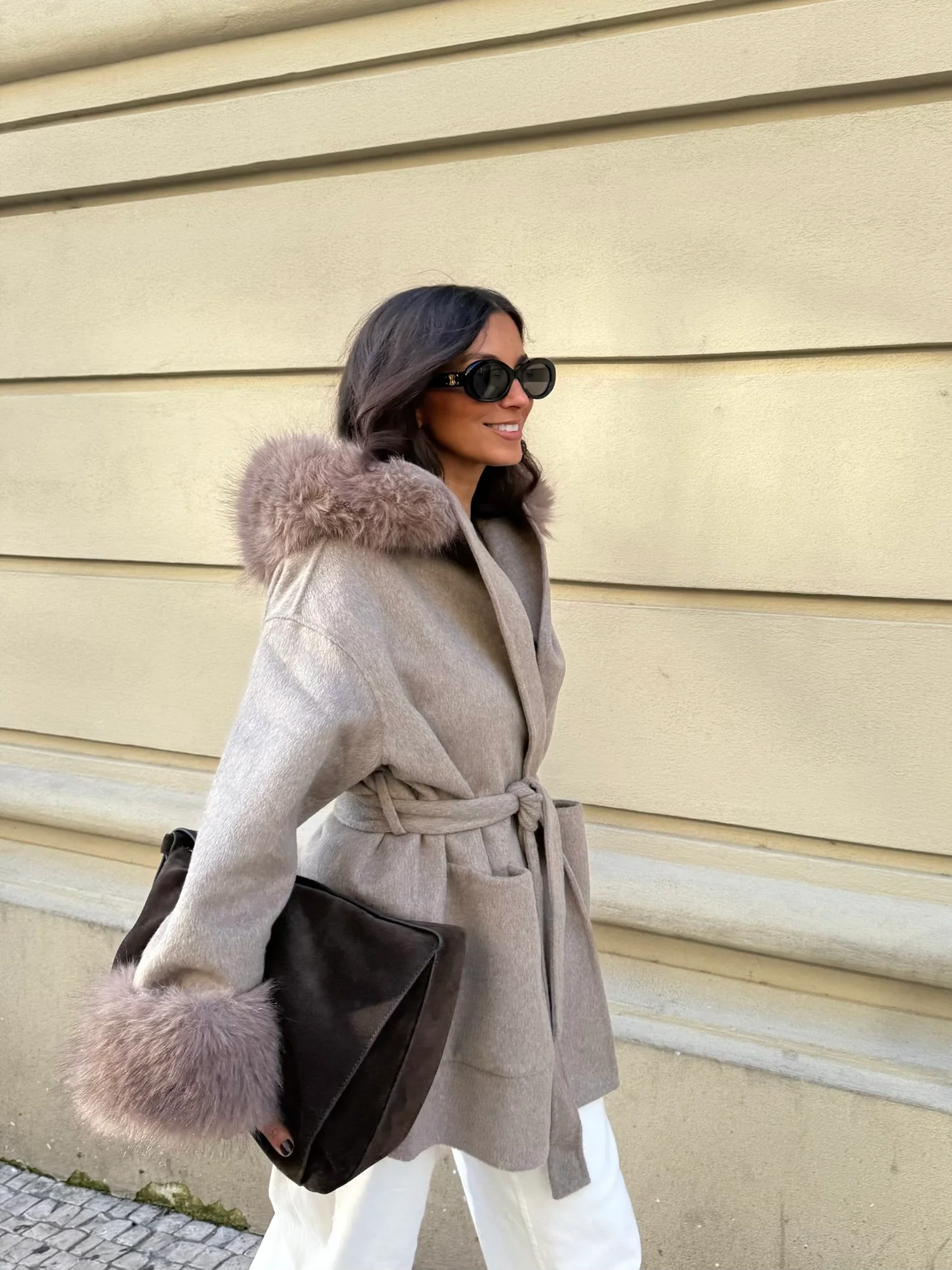 Wool Jacket With Faux Fur in Taupe - Image 6